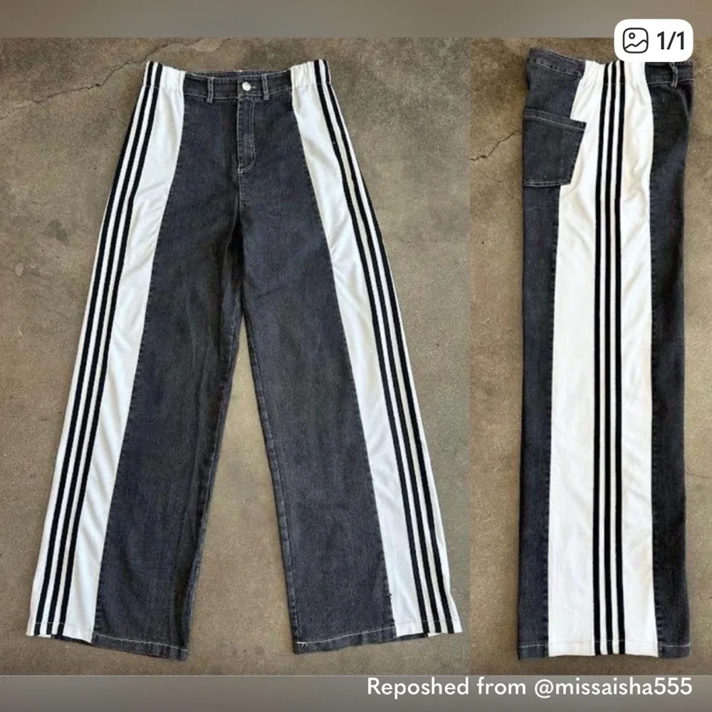 Stylish Denim Track Pants with Black Stripes - Picture 3 of 6